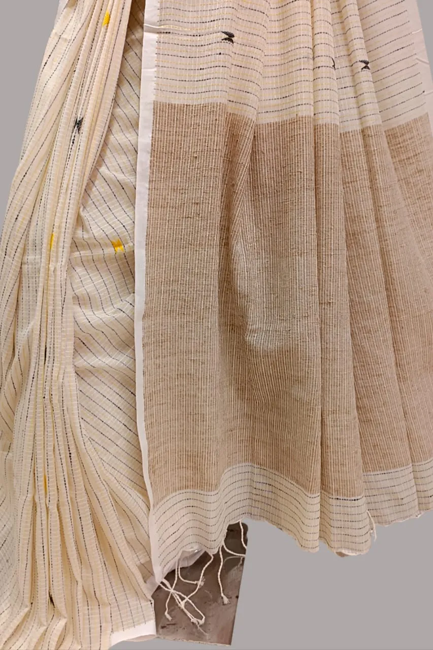 White Handloom Kantha Woven Saree