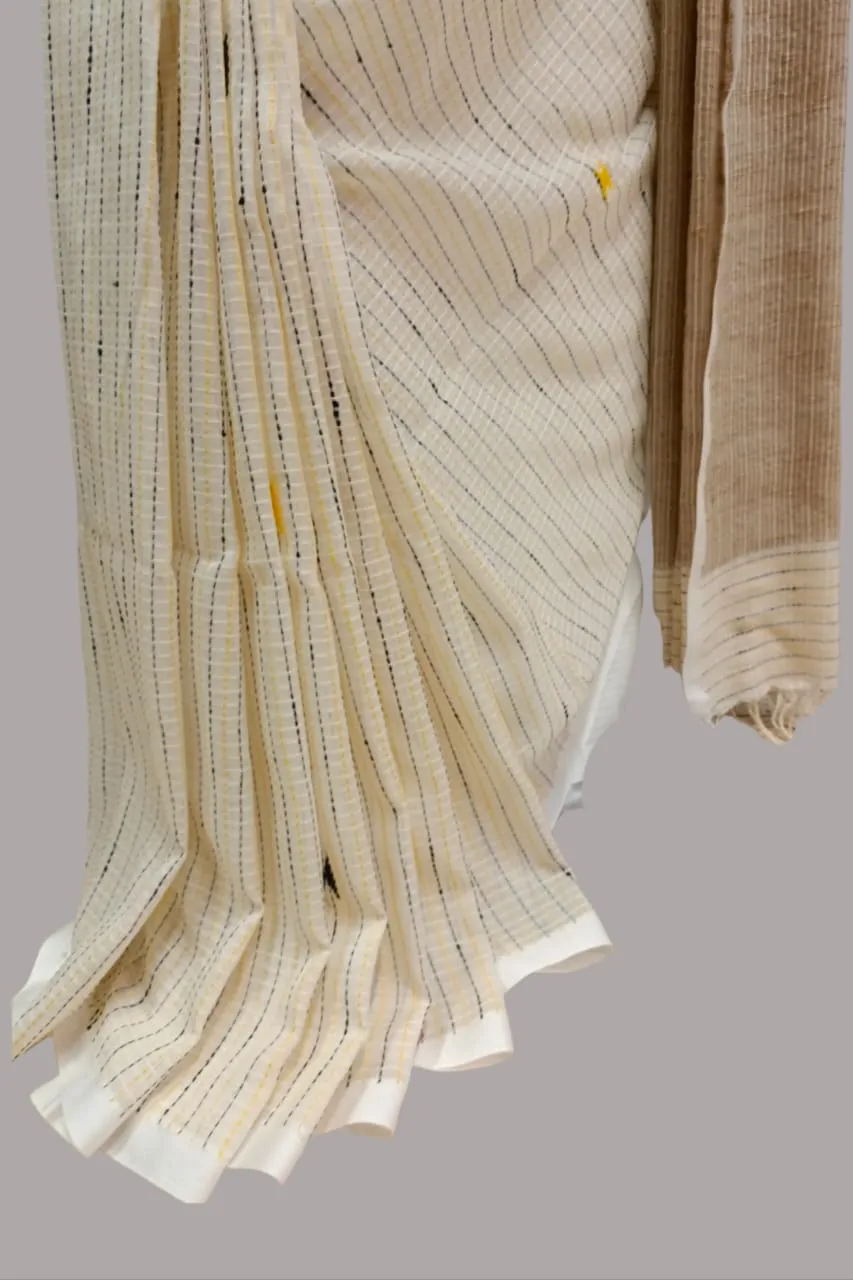 White Handloom Kantha Woven Saree