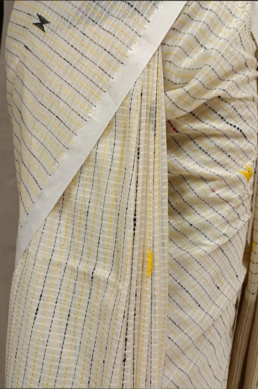 White Handloom Kantha Woven Saree