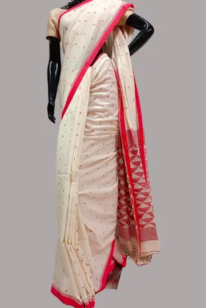 White Red Handspun Hand Woven  Cotton Jamdani Saree
