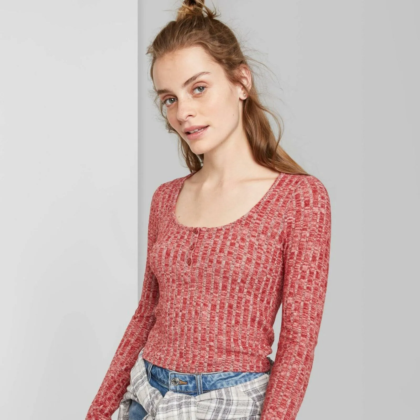Wild Fable Women's Long Sleeve Scoop Neck Cozy Henley Top