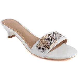 Women “BENITA” Buckle Textured Toe Strap Heel Slip On Sandals