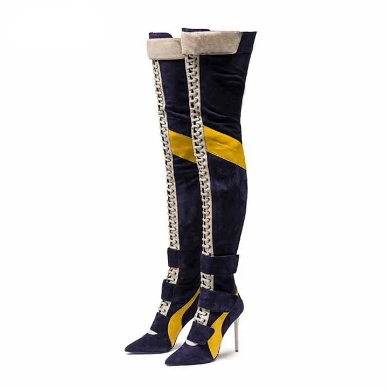 Women Pointy Toe High Heels Lace Up Over The Knee Knight Boot