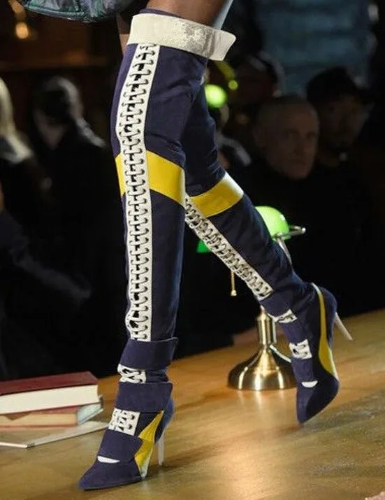 Women Pointy Toe High Heels Lace Up Over The Knee Knight Boot