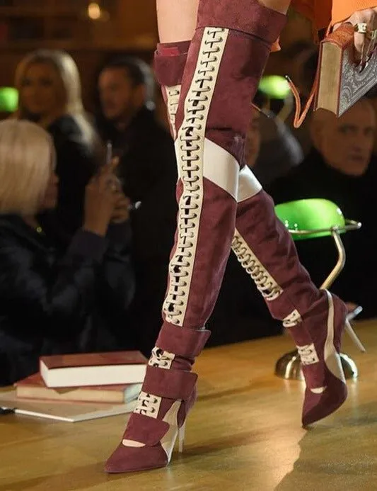 Women Pointy Toe High Heels Lace Up Over The Knee Knight Boot