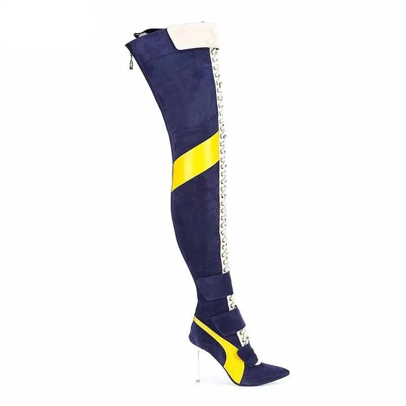 Women Pointy Toe High Heels Lace Up Over The Knee Knight Boot