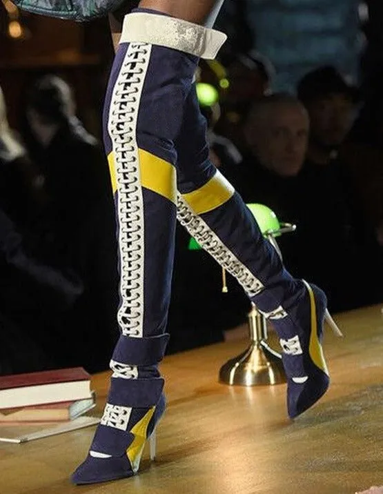 Women Pointy Toe High Heels Lace Up Over The Knee Knight Boot