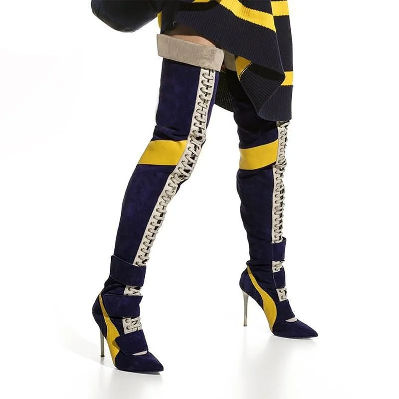 Women Pointy Toe High Heels Lace Up Over The Knee Knight Boot