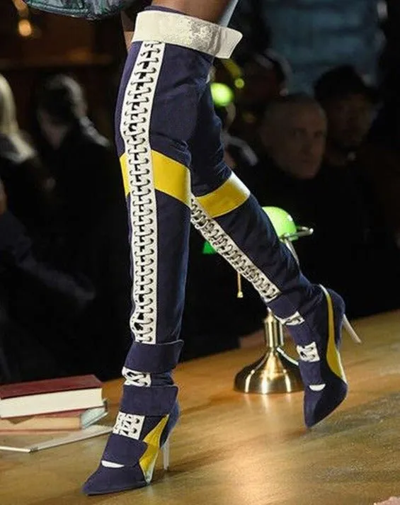 Women Pointy Toe High Heels Lace Up Over The Knee Knight Boot