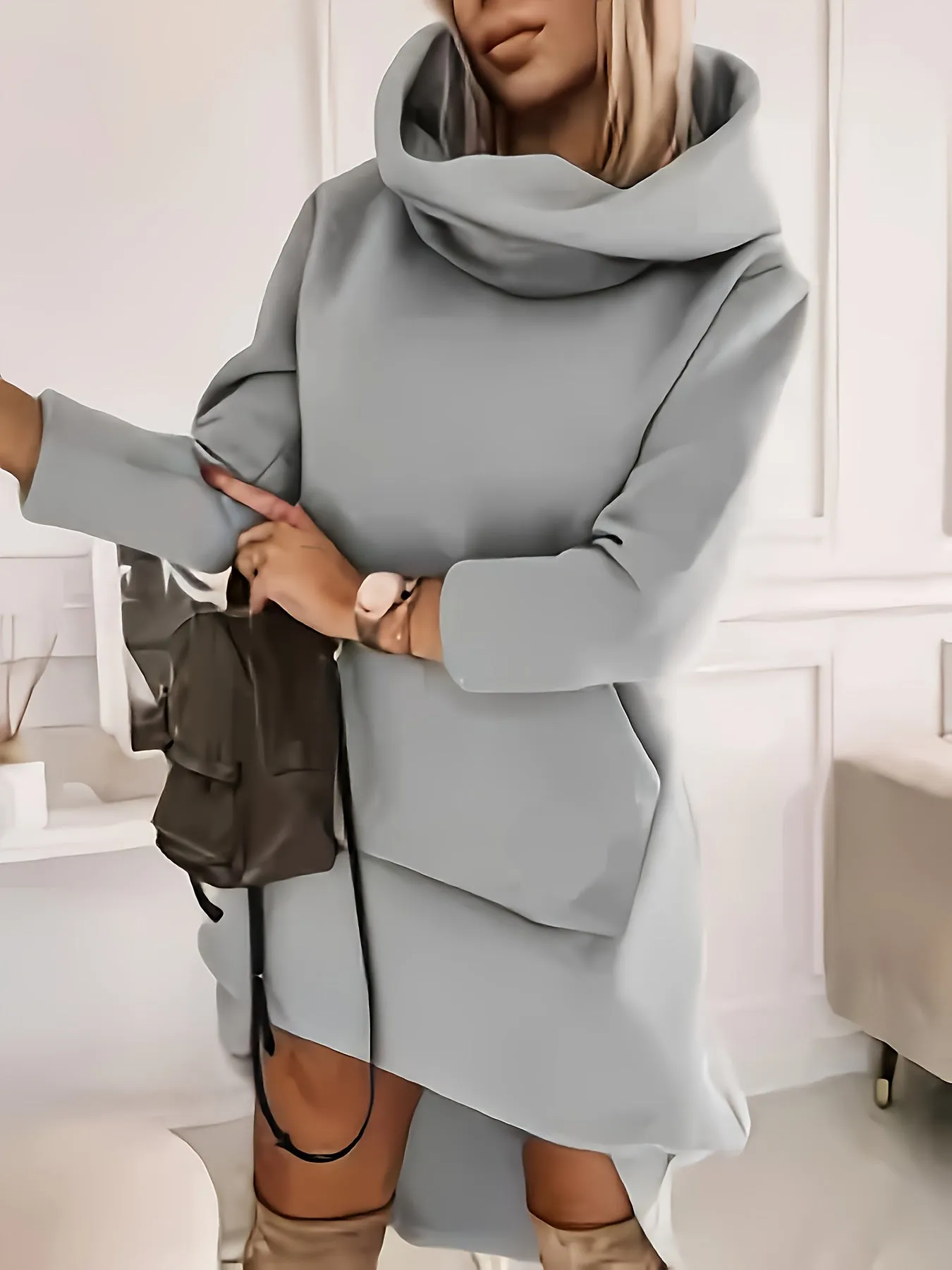 Womens Stylish MidLength Hooded Dress with Kangaroo Pocket