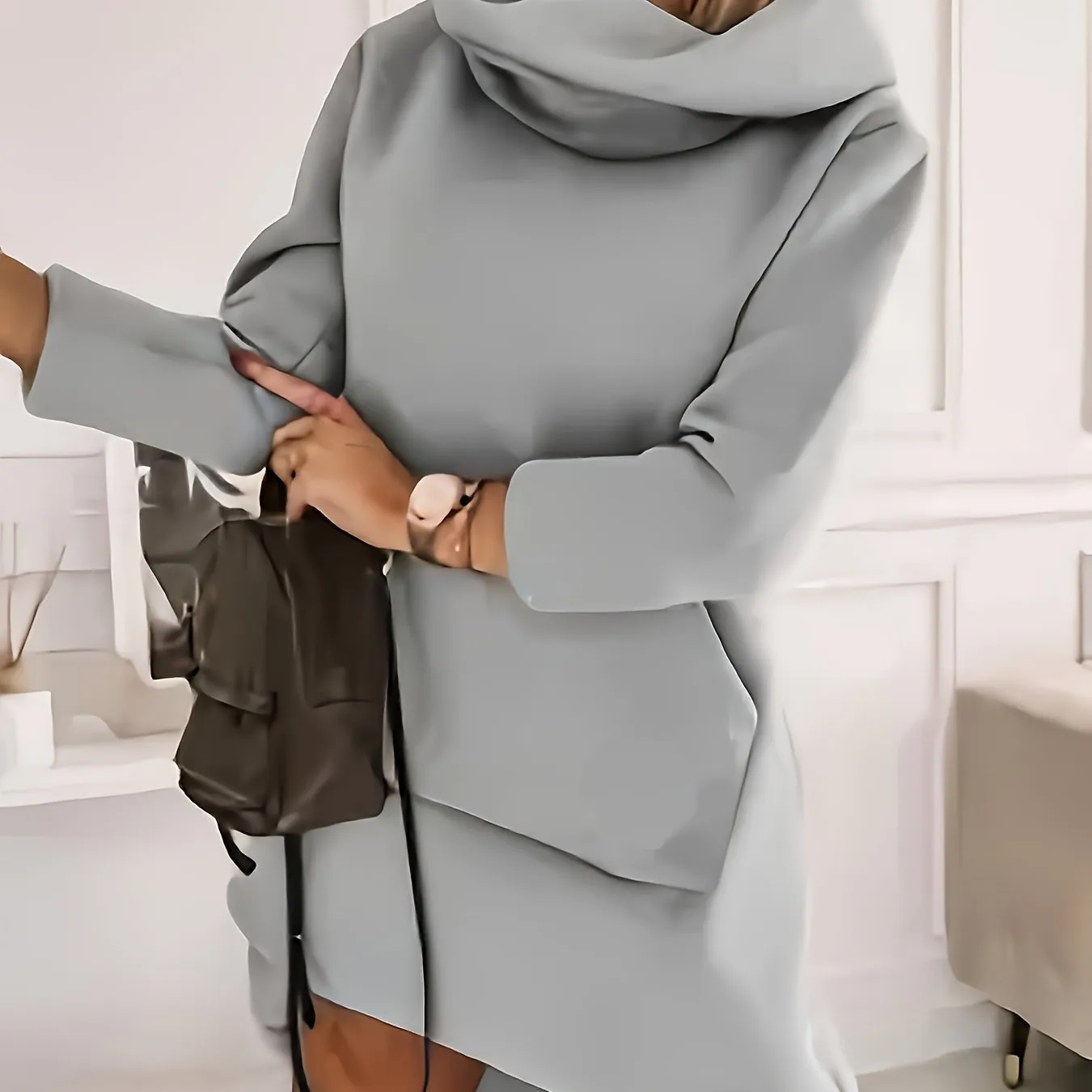 Womens Stylish MidLength Hooded Dress with Kangaroo Pocket