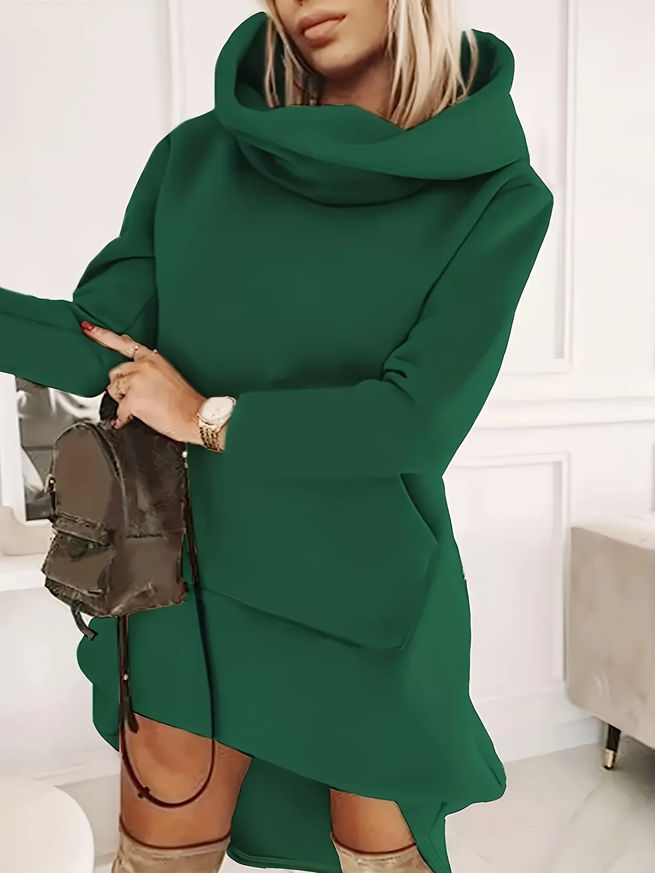 Womens Stylish MidLength Hooded Dress with Kangaroo Pocket