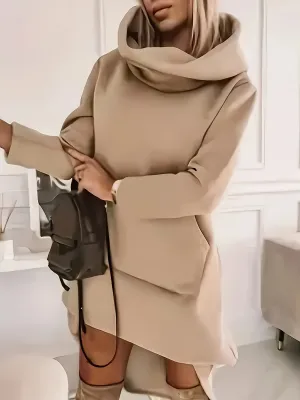 Womens Stylish MidLength Hooded Dress with Kangaroo Pocket