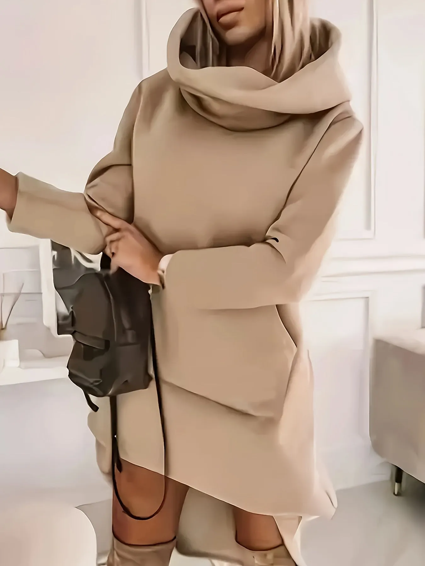 Womens Stylish MidLength Hooded Dress with Kangaroo Pocket