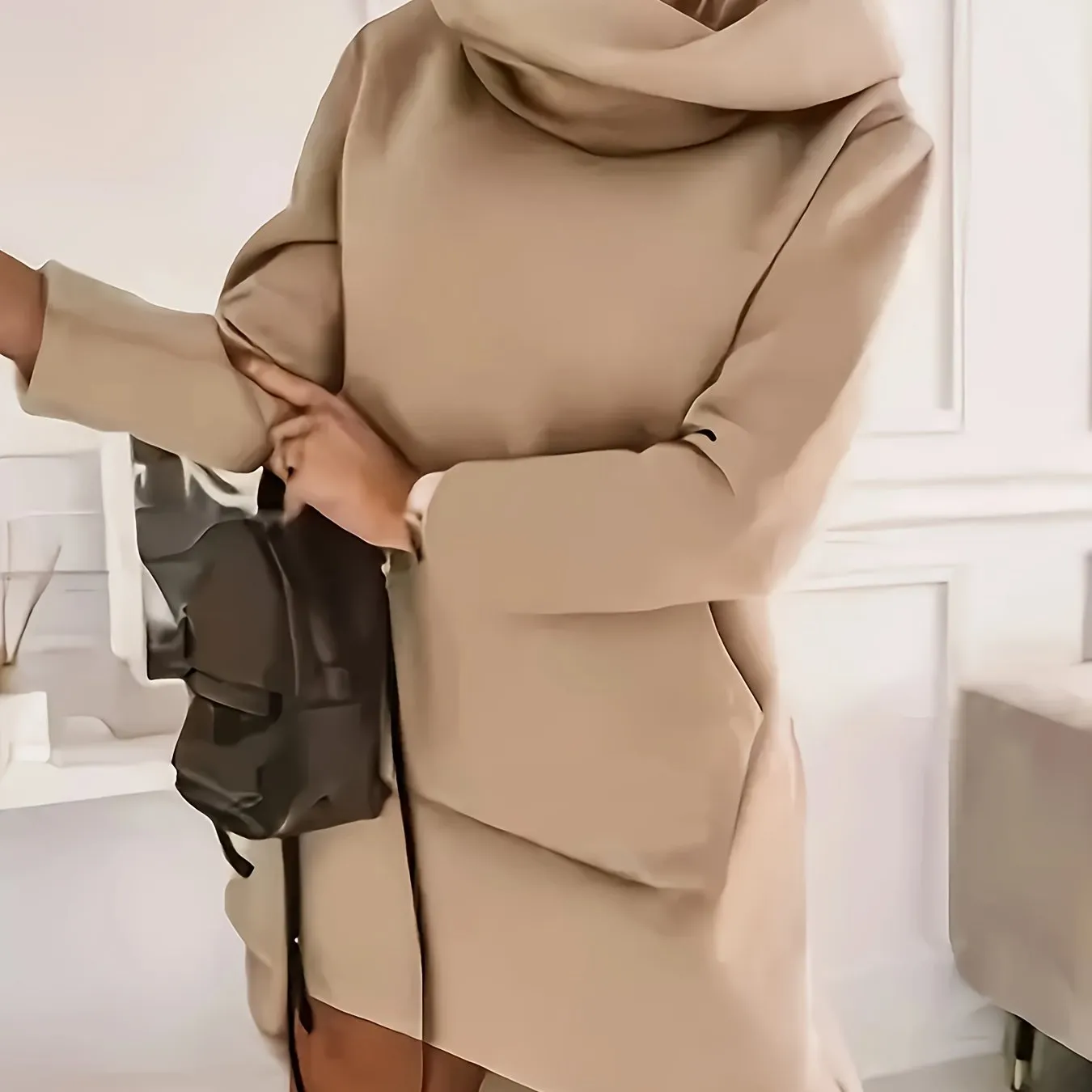 Womens Stylish MidLength Hooded Dress with Kangaroo Pocket