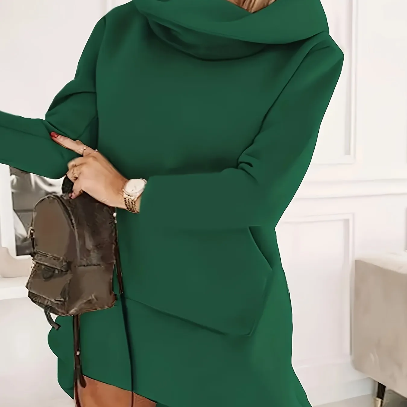 Womens Stylish MidLength Hooded Dress with Kangaroo Pocket