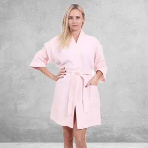 Women's Waffle Kimono Short Bathrobe- Luxurious Cotton Turkish, Absorbency & Lightweight  (Peach)